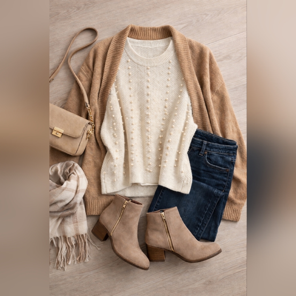 Stradivarius Cream Pearl Embellished Knit Sweater Cozy Fall Neutral Sz Medium